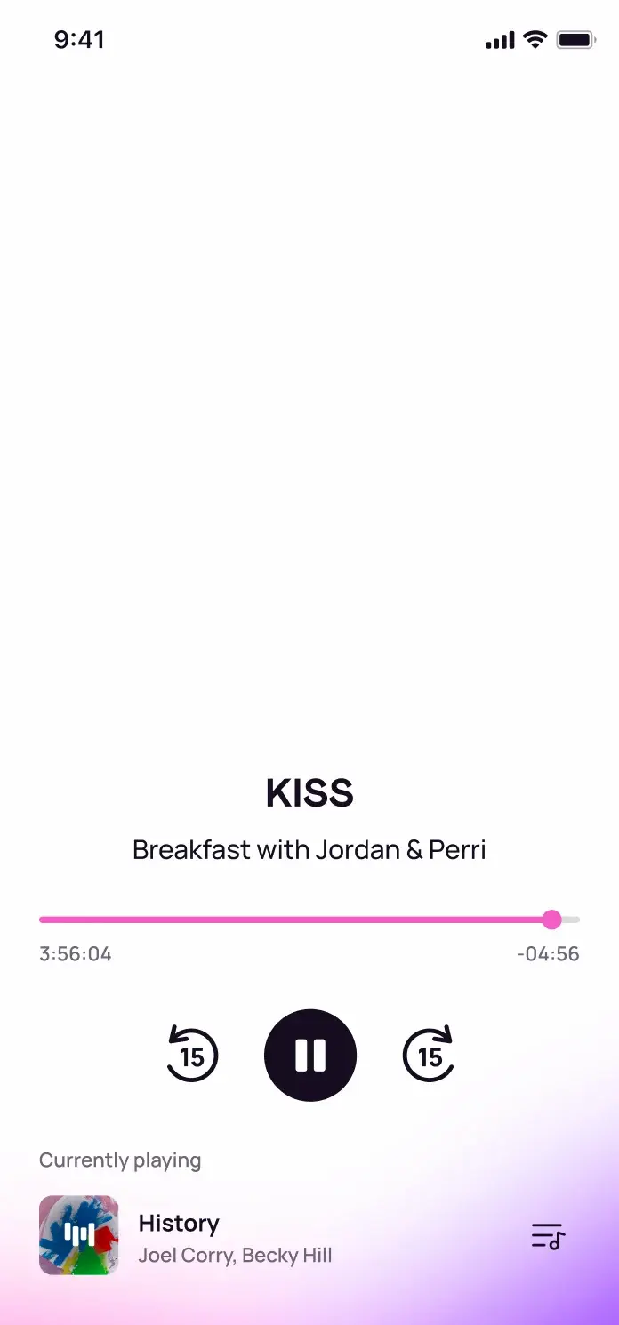 Phone playing Kiss radio in the Rayo app with a tape of all of Rayo's brands scrolling across the screen